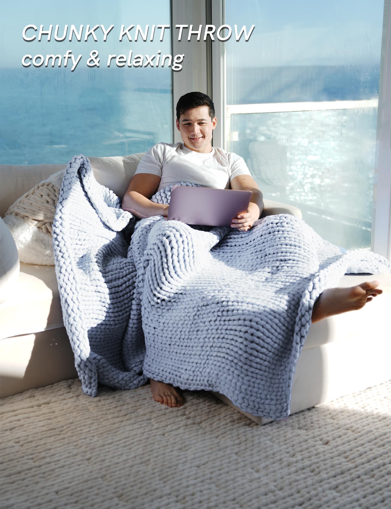 YnM Chunky Throw Blanket, Medium-Weight, Hand Knitted, Skin Friendly, Ventilated and Breathable, Machine Washable, Home Décor Piece for Couch, Sofa and Bed (Atlantis Blue, 40x50 Inch)