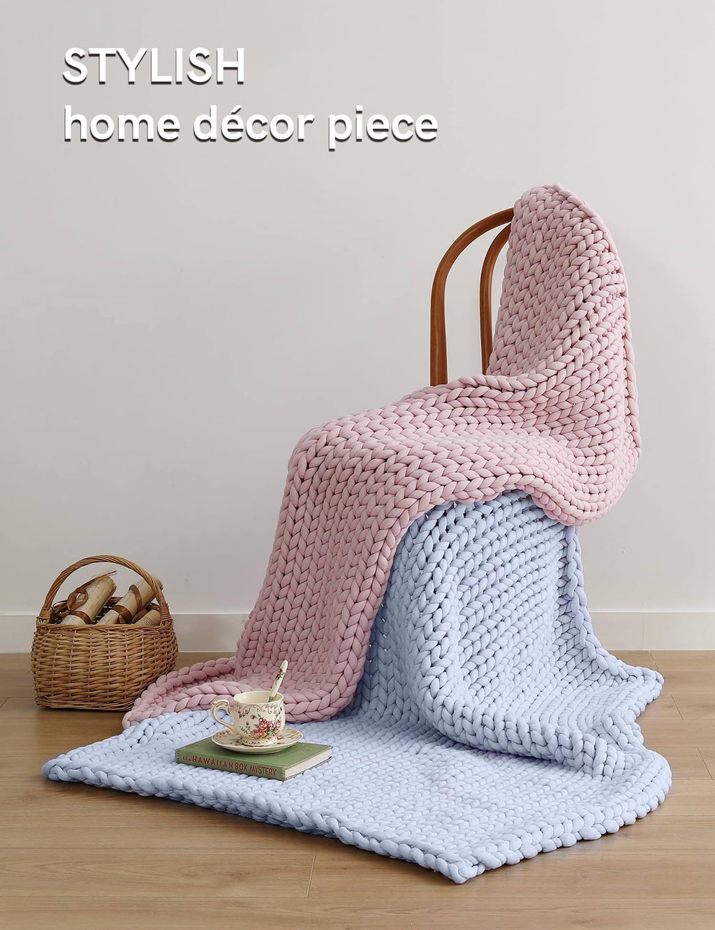 YnM Chunky Throw Blanket, Medium-Weight, Hand Knitted, Skin Friendly, Ventilated and Breathable, Machine Washable, Home Décor Piece for Couch, Sofa and Bed (Atlantis Blue, 40x50 Inch)