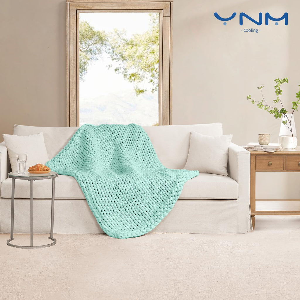 YnM Chunky Throw Blanket, Medium-Weight, Hand Knitted, Skin Friendly, Ventilated and Breathable, Machine Washable, Home Décor Piece for Couch, Sofa and Bed (Atlantis Blue, 40x50 Inch)