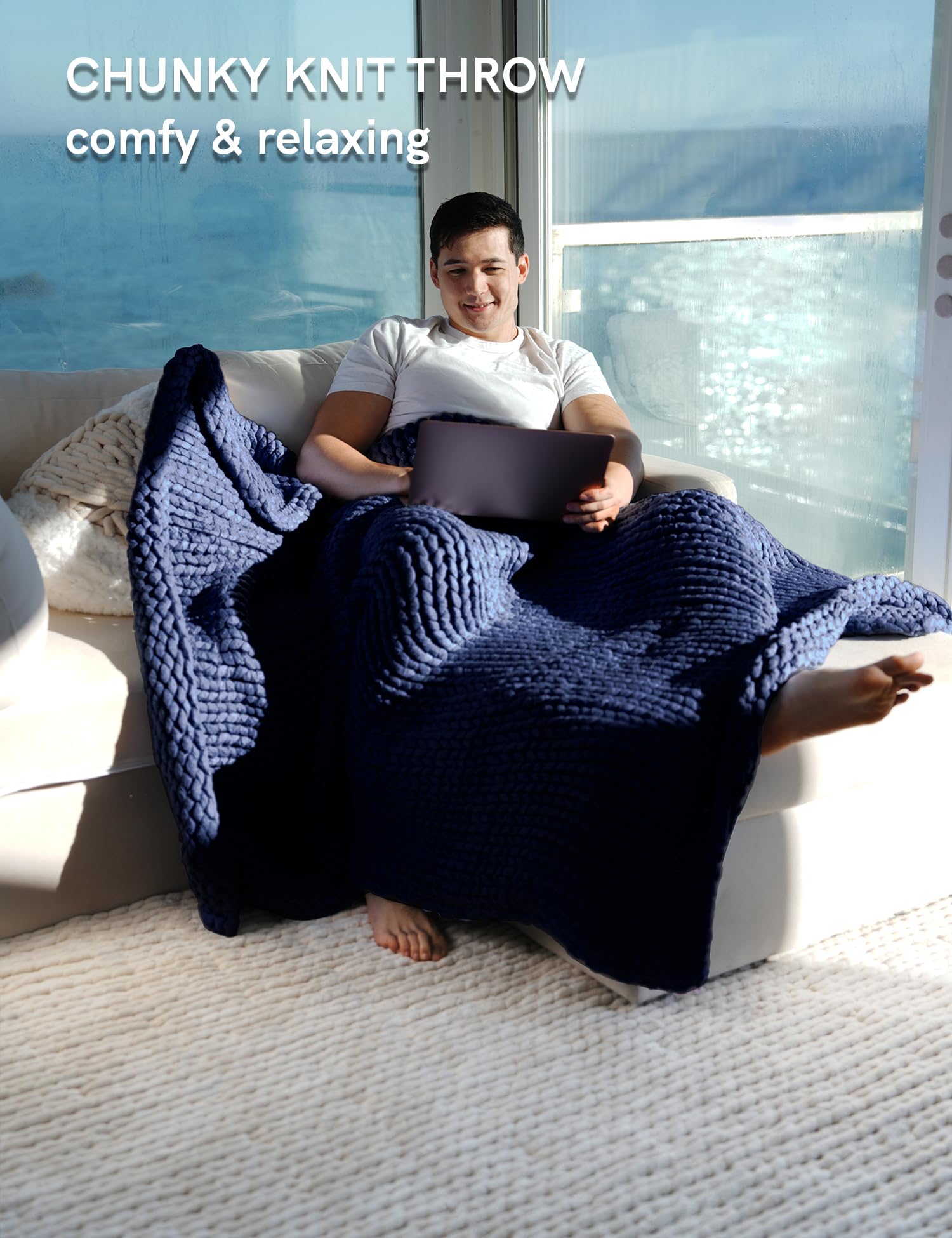 YnM Chunky Throw Blanket, Medium-Weight, Hand Knitted, Skin Friendly, Ventilated and Breathable, Machine Washable, Home Décor Piece for Couch, Sofa and Bed (Atlantis Blue, 40x50 Inch)