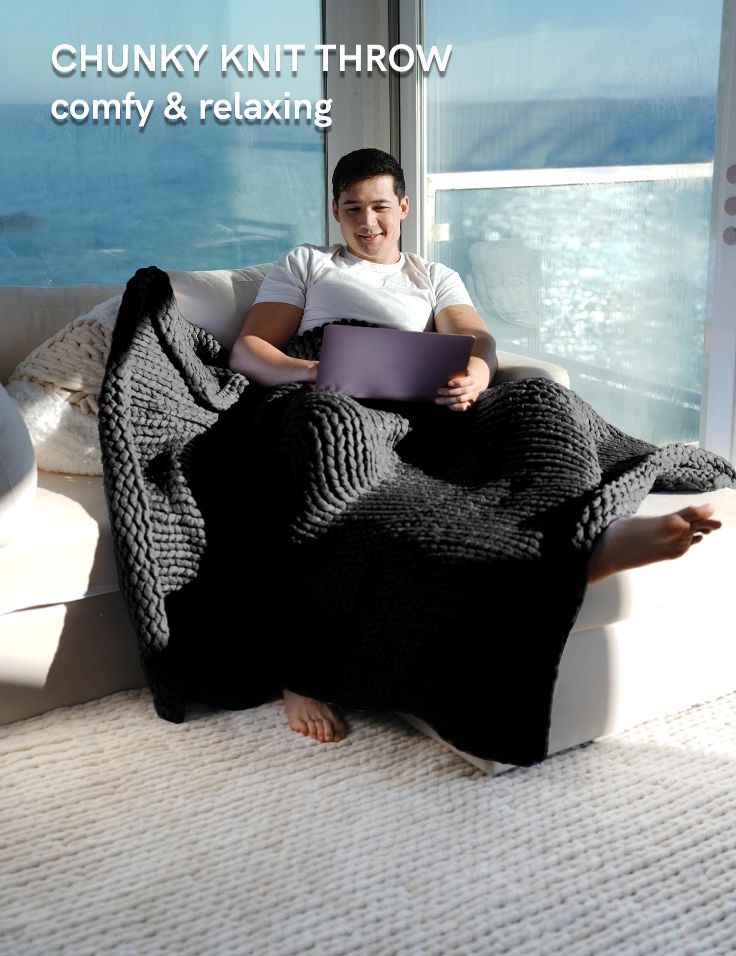 YnM Chunky Throw Blanket, Medium-Weight, Hand Knitted, Skin Friendly, Ventilated and Breathable, Machine Washable, Home Décor Piece for Couch, Sofa and Bed (Atlantis Blue, 40x50 Inch)