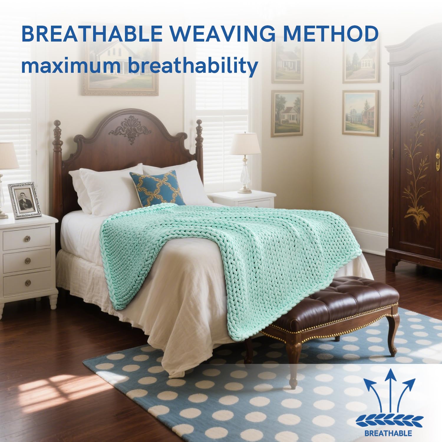 YnM Chunky Throw Blanket, Medium-Weight, Hand Knitted, Skin Friendly, Ventilated and Breathable, Machine Washable, Home Décor Piece for Couch, Sofa and Bed (Atlantis Blue, 40x50 Inch)