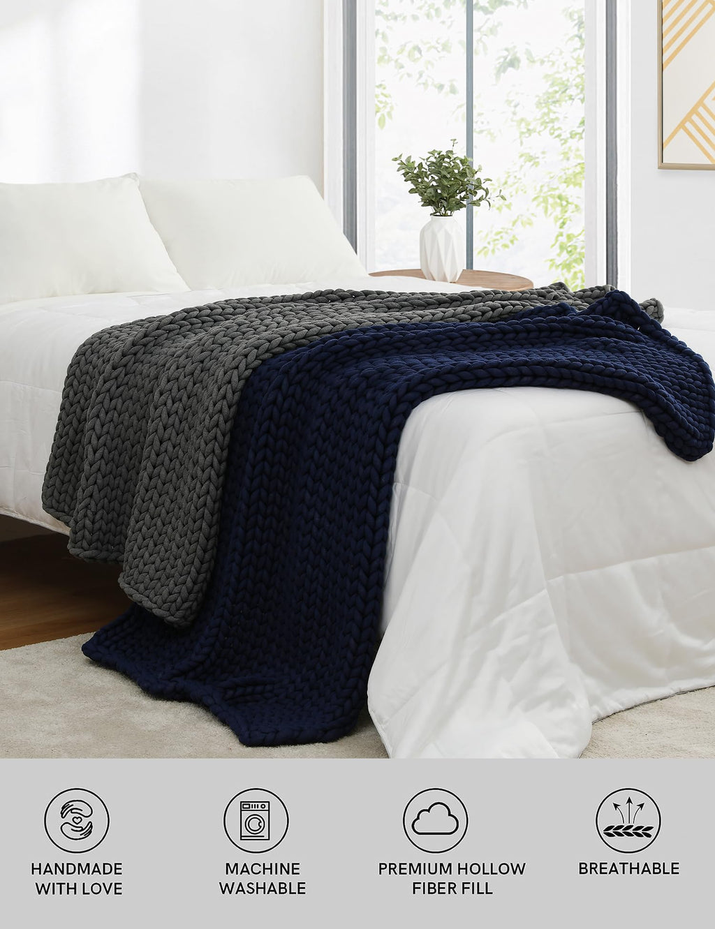 YnM Chunky Throw Blanket, Medium-Weight, Hand Knitted, Skin Friendly, Ventilated and Breathable, Machine Washable, Home Décor Piece for Couch, Sofa and Bed (Atlantis Blue, 40x50 Inch)